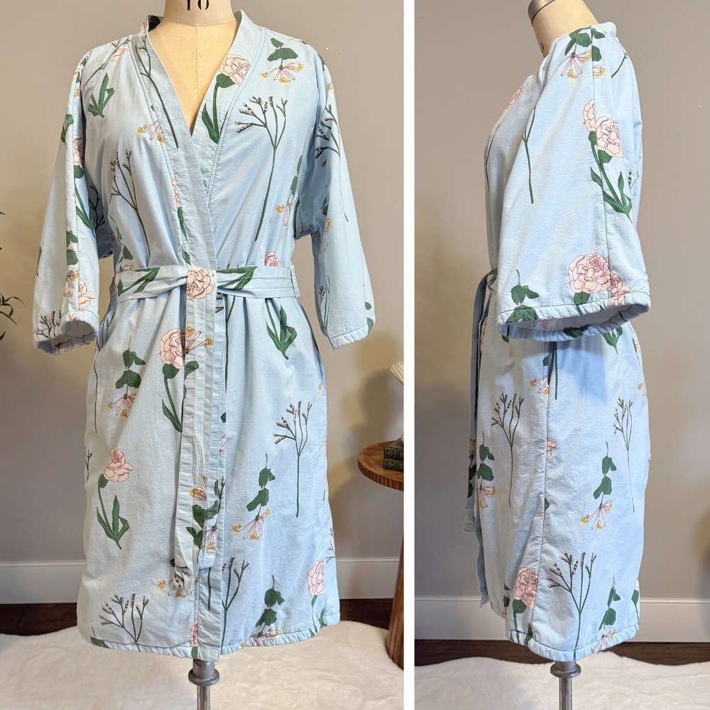 Their Nibs 100% Cotton Floral Kimono Robe Blue Floral Rose Terry Lined Belted